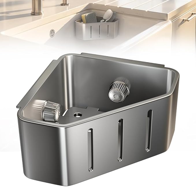 Stainless Steel Sink Caddy, Suction Cup Corner Organizer for Kitchen Sink, Sponge and Brush Holder for Right Angle Sink – Gun Gray