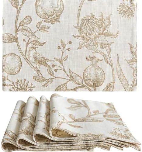 JINCHAN Linen Placemats Set of 4 Farmhouse Botanical Print 13x19 Inch Tan | Fabric Placemats, Cottage Style, Botanical Bird Motif, Machine Washable, Easy to Store, Reusable