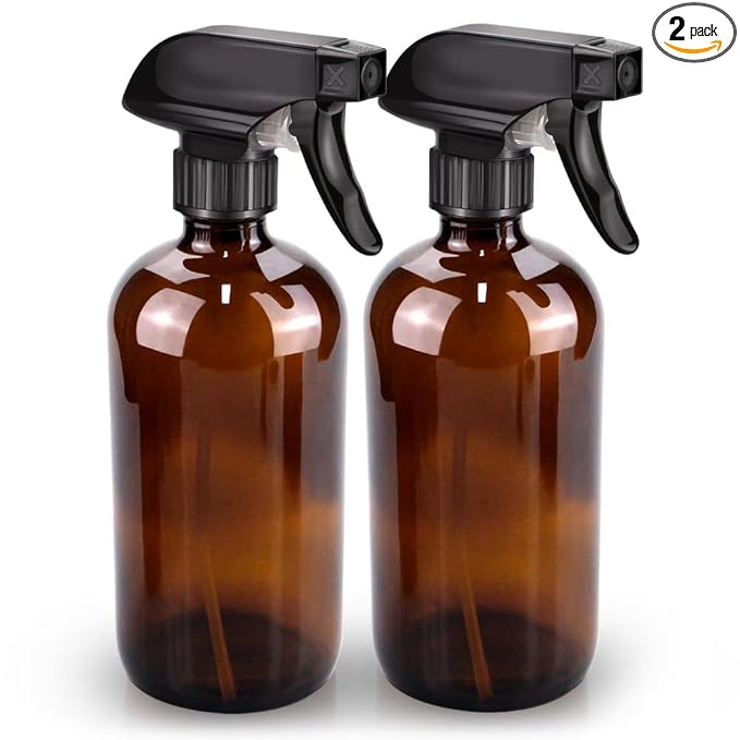 Bontip Glass Spray Bottle 16 oz for Cleaning, Plants (2 Pack, Amber) | Refillable amber spray bottle Set, BPA-free eco glass, With labels and funnel, Great for cleaners, plant misting, hair care