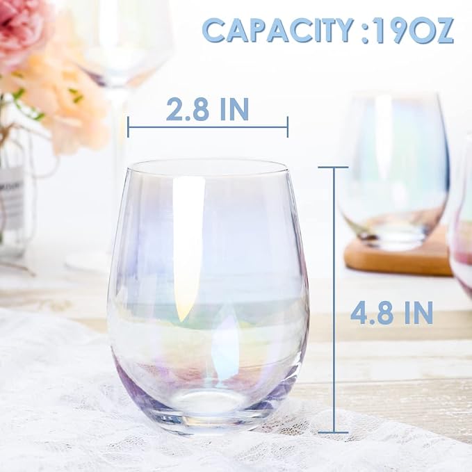 Gutsdoor Wine Glasses Large Stemless Wine Glasses 18.9 Ounce Set of 4 Iridescent Glasses All-Purpose Drinking Wine Beverage Glasses for Red White Wine, Water, Beer, Juice, Whiskey & Bar Decor