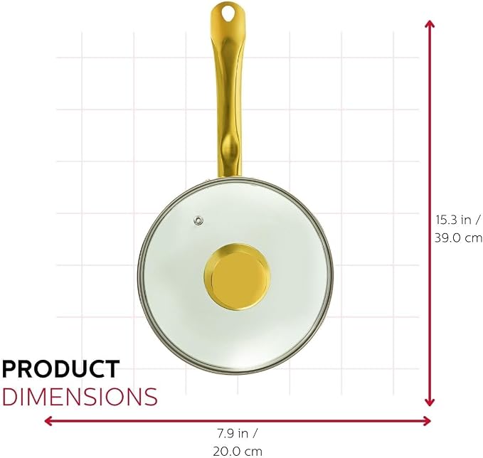 Holstein Housewares 3.5QT Ceramic Non-Stick Sauce Pan with Lid, Multipurpose Sauce Pan for Simmering & Boiling, Stainless Steel Golden Handle, Induction, Gas & Electric Compatible, White and Gold