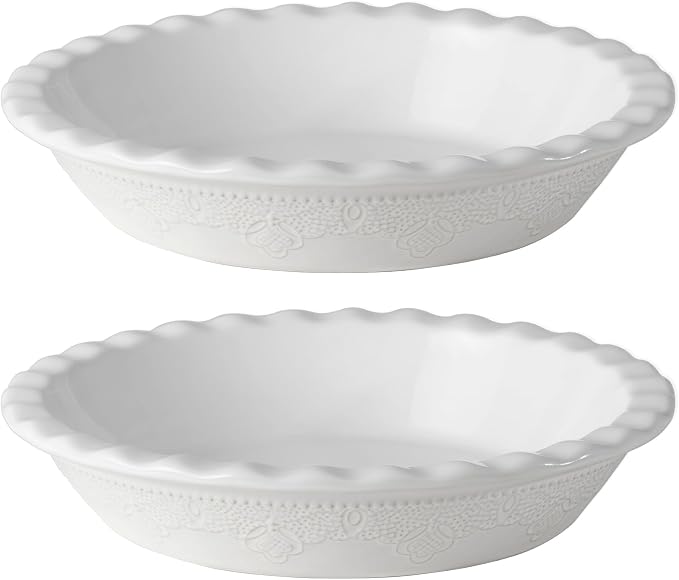 Pie Pan, 9 Inch Ceramic Pie Dish, Deep Dish Pie Pan with Lace Emboss, Ruffled Pie Plate for Baking, Thanksgiving Christmas Gifts, Set of 2, White