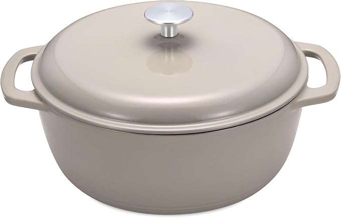 Amazon Basics Cast Iron Dutch Oven Pot with Lid, Enameled, Dual Handles, Round, Heavy-Duty, Medium, 6-Quart, Linen Gray