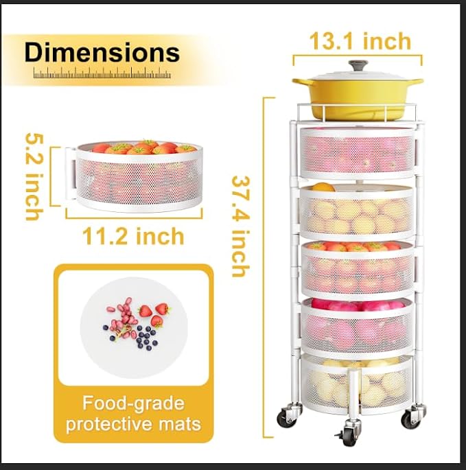 SNTD Fruit and Vegetable Basket Bowls for Kitchen with Metal Top Lid, 5 Tier Rotating Storage Rack Cart for Potato Onion Banana, Wire Basket Organizer on Wheels, Large (White)