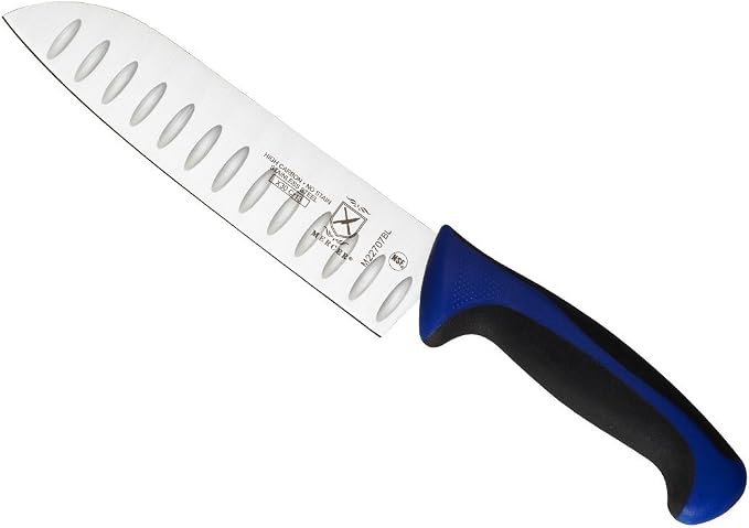 Mercer Culinary Millennia Colors 7-Inch Granton Edge Santoku Knife, Blue