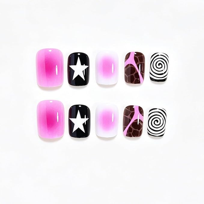 WLGDLH Pink Gradient Press on Nails Short Square Fake Nails Press ons Nail Art Tips with Star Irregular Stripes Design Cute Glossy False Nails Full Cover Repeatable Glue on Nail for Women 24Pcs