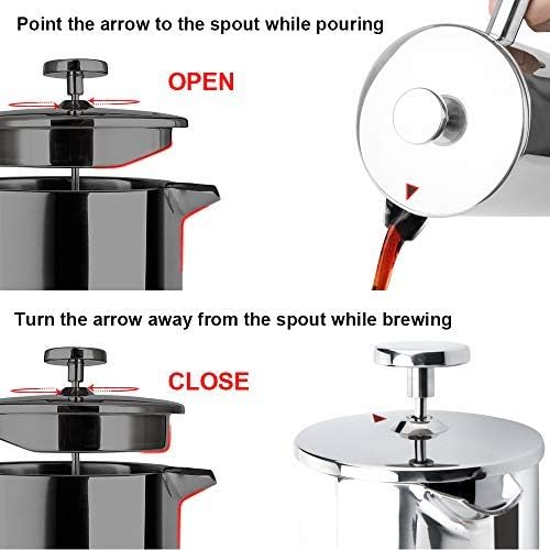 Secura Bundle Stainless Steel French Press Coffee Maker with 6 Replacement Screens, 34 Ounces, Silver