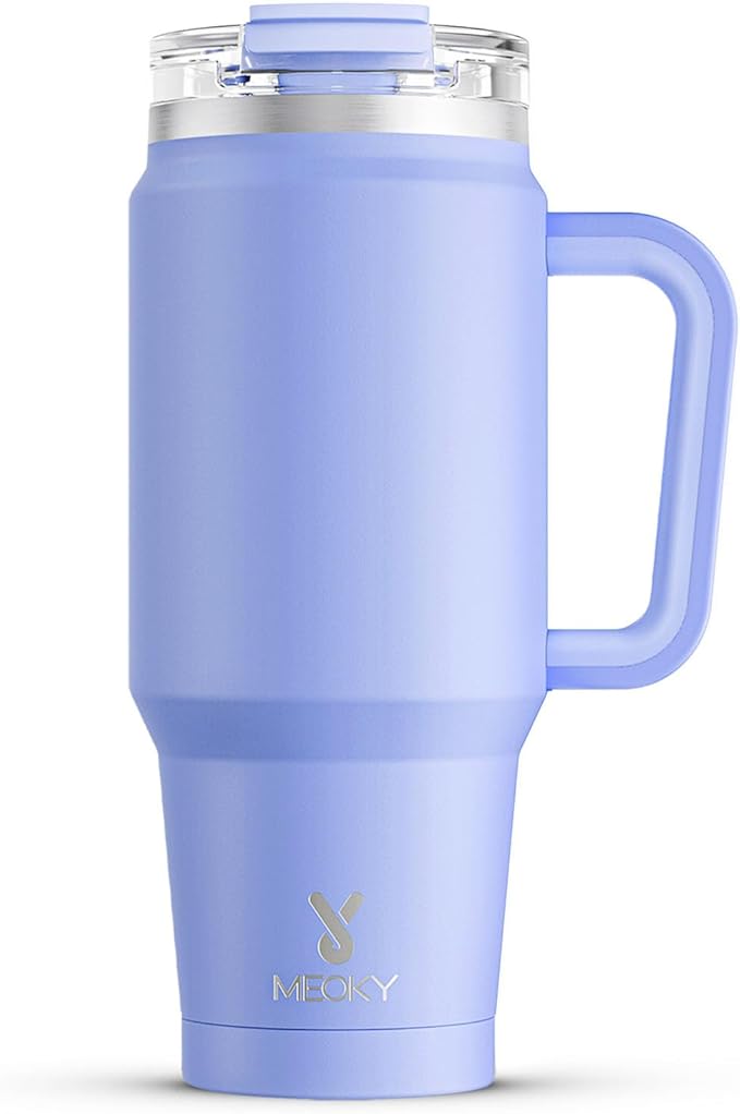 Meoky 32 oz Tumbler with Handle, Insulated Tumbler with Lid and Straw, Stainless Steel Travel Mug, Keeps Cold for 24 Hours, 100% Leak Proof, Fits in Car Cup Holder (Lilac)