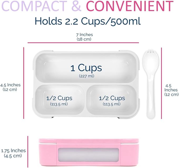 kinsho Small Snack Box Containers for Kids Toddlers, Set of 2 (Pink+Purple) | 3 Compartments, Leak-Proof, Spill Proof, BPA-Free Reusable Small Mini Bento Lunch Box for Daycare School Travel, Holds 2 Cups