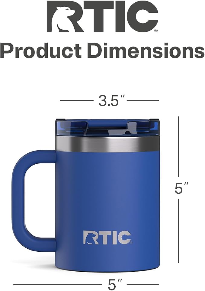 RTIC 12oz Essential Mug with Lid and Handle, Ceramic Lined, Insulated, Stainless Steel, Metal, Double Wall Vacuum-Insulation, Portable, Travel Cup for Hot and Cold Drink, Cobalt