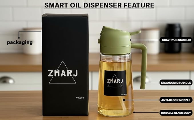 Oil Sprayer for Cooking and Pourer Olive Oil Dispenser For kitchen-Spray Bottle with Fine Mist Oil Sprayer & Controlled Pour Spout For Frying,Salads,BBQ 16oz/470ml Glass Bottle(Green)