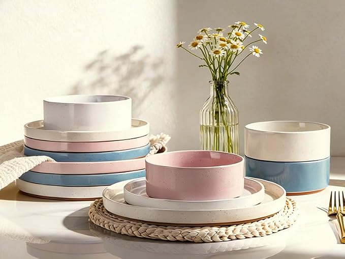 AmorArc Stoneware Dinnerware Sets for 4,12Pcs Plates and Bowls Set | Handmade Ceramic Dish Set,Dishwasher & Microwave Safe,Scratch Resistant-Colorful
