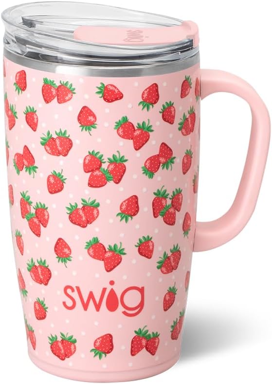 Swig Life 18oz Insulated Travel Mug with Handle & Lid, Strawberry Shortcake | Triple Insulated Stainless Steel - Handle & Lid Included - Keeps Coffee Hot or Cold - Cup Holder Friendly