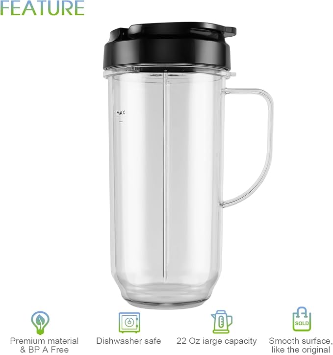 5-piece Magic Bullet Blender Cups, Tall 22oz Cup with Flip-Top To-Go Lid, Cross Blade, Blender Replacement Parts, Mug with Handle Compatible with Magic Bullet 250w MB1001