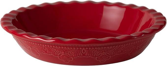 Pie Pan, 9 Inch Ceramic Pie Dish, Deep Dish Pie Pan with Lace Emboss, Ruffled Pie Plate for Baking, Thanksgiving Christmas Gifts(Christmas Red)