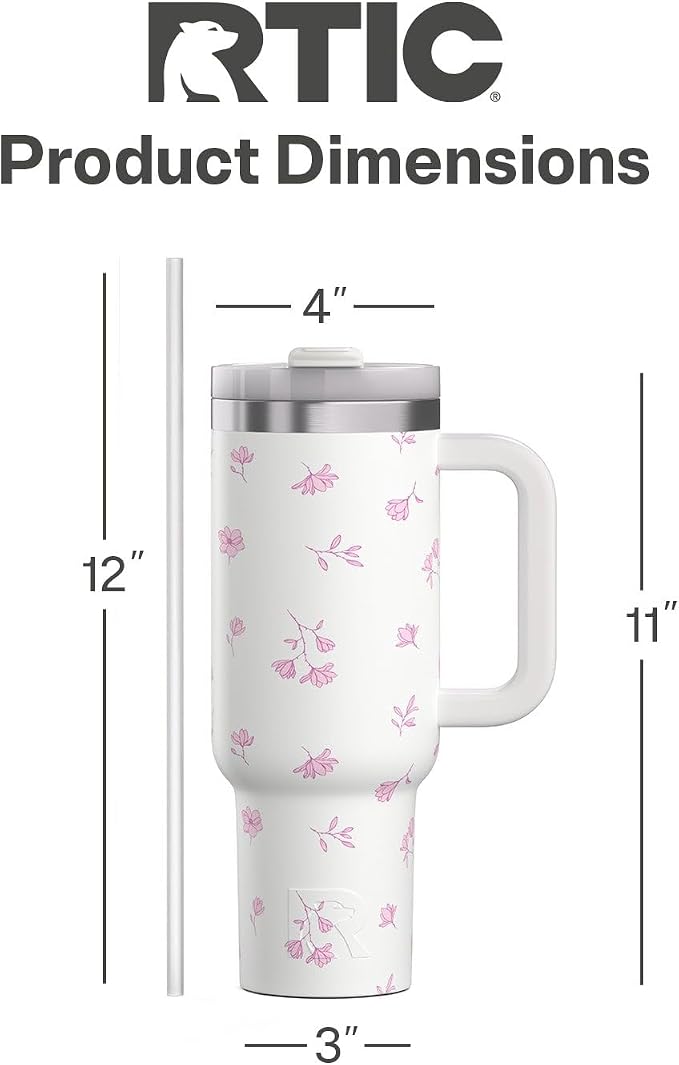 RTIC 40 oz Road Trip Tumbler Double-Walled Cermaic Lined Insulated Stainless Steel Portable Travel Coffee Mug Cup with Lid, Handle and Straw, Pink Magnolias