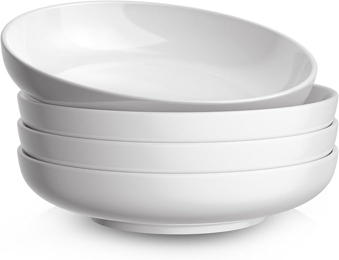 Quatish Pasta Bowls 30oz Set of 4, Salad Bowls Soup Bowl for Kitchen, Microwave & Dishwasher Safe, Large Porcelain Wide and Shallow Serving Bowl, White Dinner Plates, Dinnerware Set, Gift
