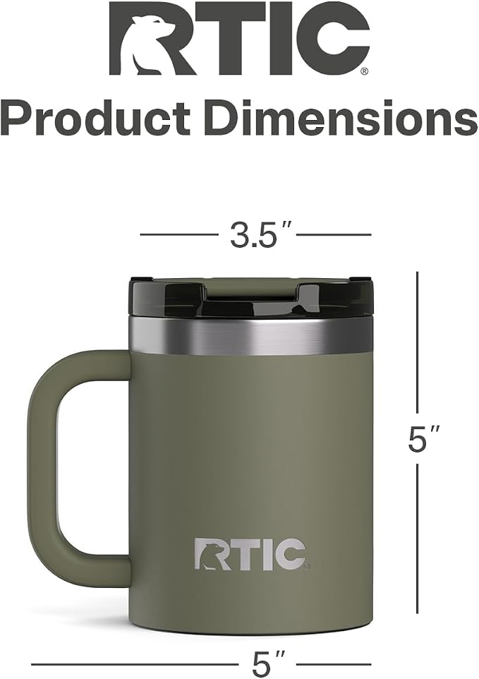 RTIC 12oz Essential Mug with Lid and Handle, Ceramic Lined, Olive | Stainless Steel Metal, Insulated Travel Cup for Hot and Cold Drinks, Coffee, Car, Camping and Travel