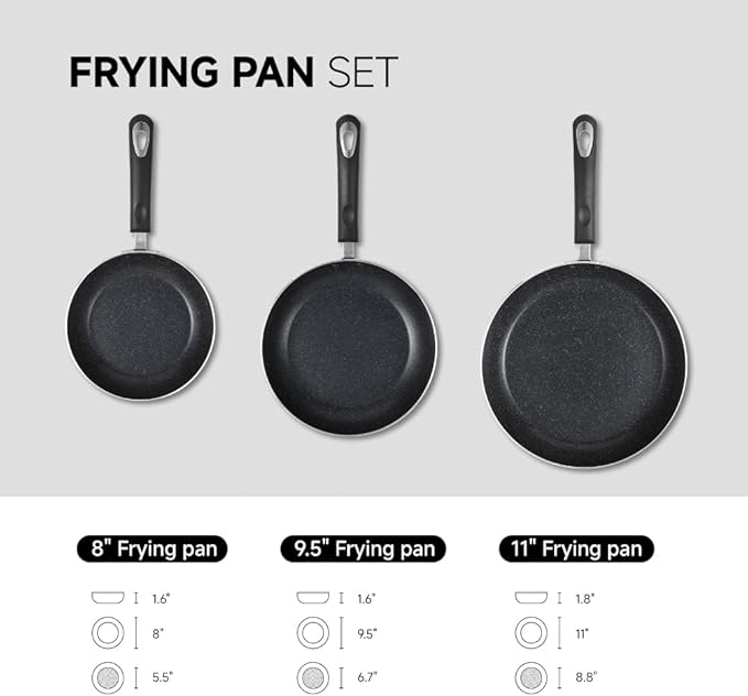 Frying Pan 3-Piece Set, Nonstick Skillet Set for Induction Cooktop, Frying Pan Nonstick 8 Inch+9.5 Inch +11 Inch (Black)