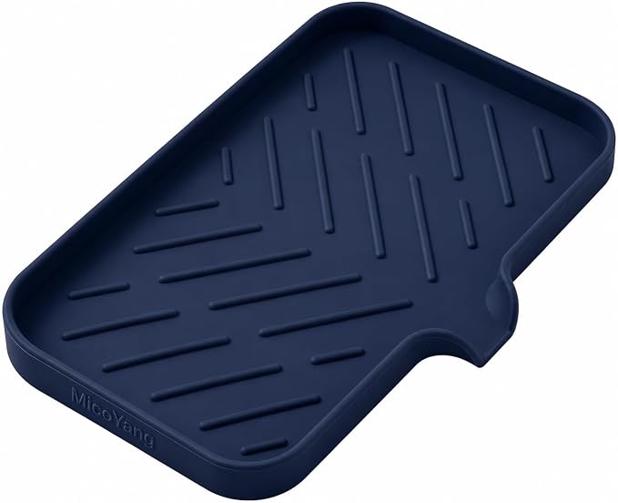 MicoYang Silicone Soap Dish with Drain Spout — Self-Draining Sink Organizer Tray for Bathroom & Kitchen, Sponges, Dispensers & Soap Holder, Non-Slip & Dishwasher Safe, Navy Blue (Medium, 9.6"×5.3")