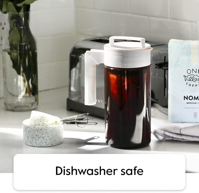 Takeya Deluxe Cold Brew Coffee Maker - BPA-Free Tritan Pitcher with Airtight Leakproof Lid, Silicone Grip Handle, Fine-Mesh Filter - Shatter-Proof, Dishwasher Safe, Made in USA - 1 Quart/White