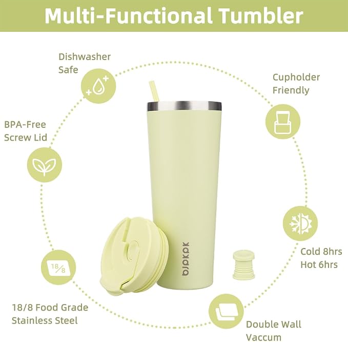 BJPKPK 26 oz Coffee Tumbler with Straw, Insulated Stainless Steel Cup | Double Wall Vacuum, Leak Proof Lid, Keeps Hot/Cold/Iced, BPA Free, Dishwasher Safe, Travel & Outdoor, Macaron Green