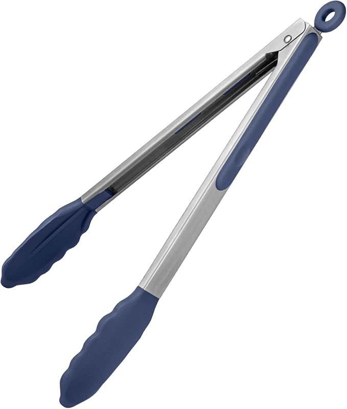 U-Taste Kitchen Tong for Cooking, 600ºF Heat-Resistant, 12in/Midnight Blue | Large Tongs for Serving Food, Big Rubber Tong for Grill/BBQ, Silicone Tips & 18/8 Stainless Steel Handle, Smooth Locking