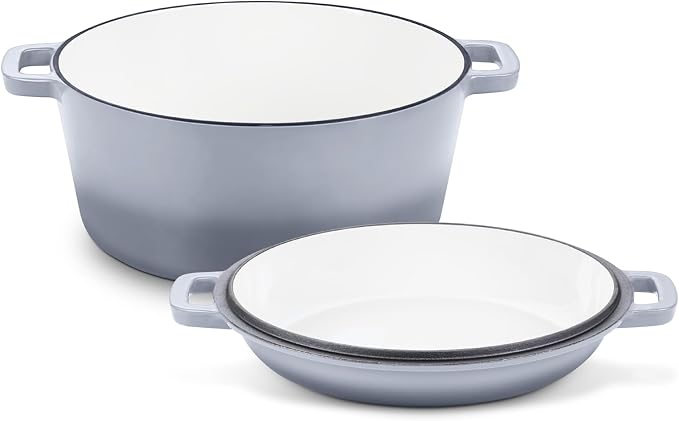 TeamFar 5qt Dutch Oven, Pre-seasoned Cast Iron for Bread Baking, Gray | 2-in-1 Bread Pan with Skillet Lid, Oven & Stovetop Safe for Baking Frying Stewing Grilling, Home Use Or Outdoor Camping