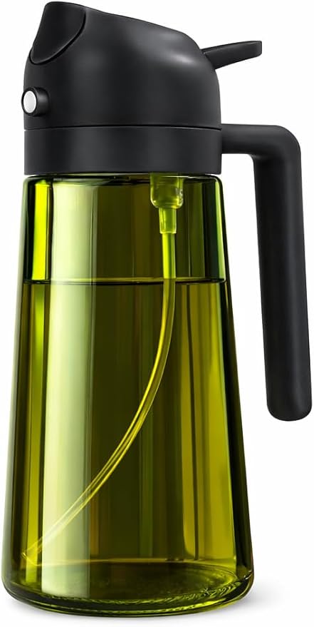 Oil Sprayer for Cooking, 2 in 1, Olive Oil Dispenser Bottle for Kitchen, 16oz/473ml, Premium Dark Green Glass Oil Bottle, Oil Sprayer for Air Fryer, Salad, Frying, BBQ. (Black) (Green)