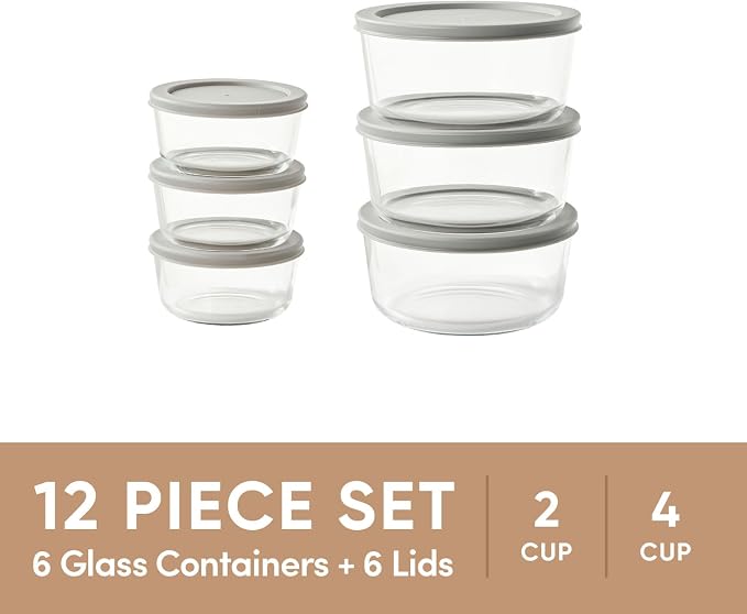 12-Piece Glass Food Storage Containers Set (6 Containers + 6 BPA-Free Lids) | 2-Cup & 4-Cup, Leakproof | Microwave, Freezer, Oven & Dishwasher Safe | Ideal for Meal Prep & Pantry Organization, Grey