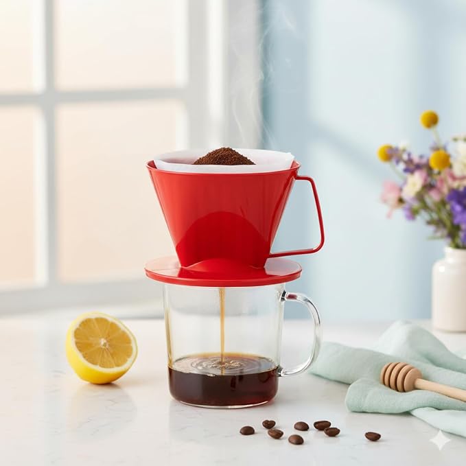 Fino Pour-Over Coffee Brewing Filter Cone, Number 1-Size, Red, Brews 1 to 2-Servings