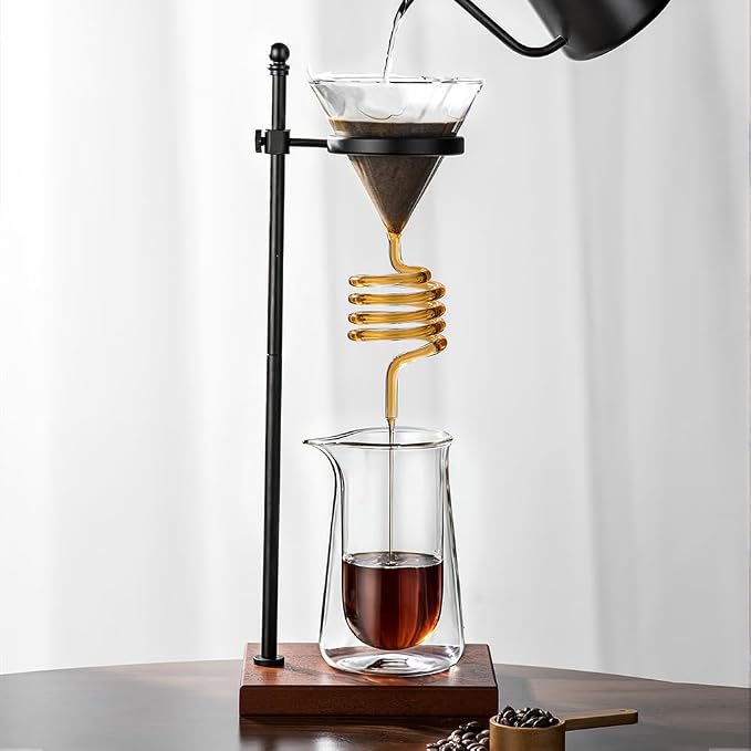 Pour Over Coffee Maker Set, with Adjustable Coffee Stand, Double Layered Glass Coffee Pot, Spiral Shaped Coffee Filter