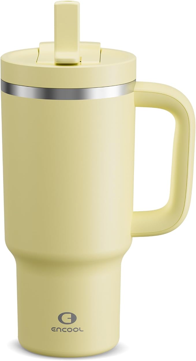 ENCOOL 32 oz Tumbler with Handle and Straw: Stainless Steel Insulated Tumbler Keeps Cold for 24 Hours, Leakproof Travel Cup Fits in Cup Holder and BPA-Free,Light Vanilla