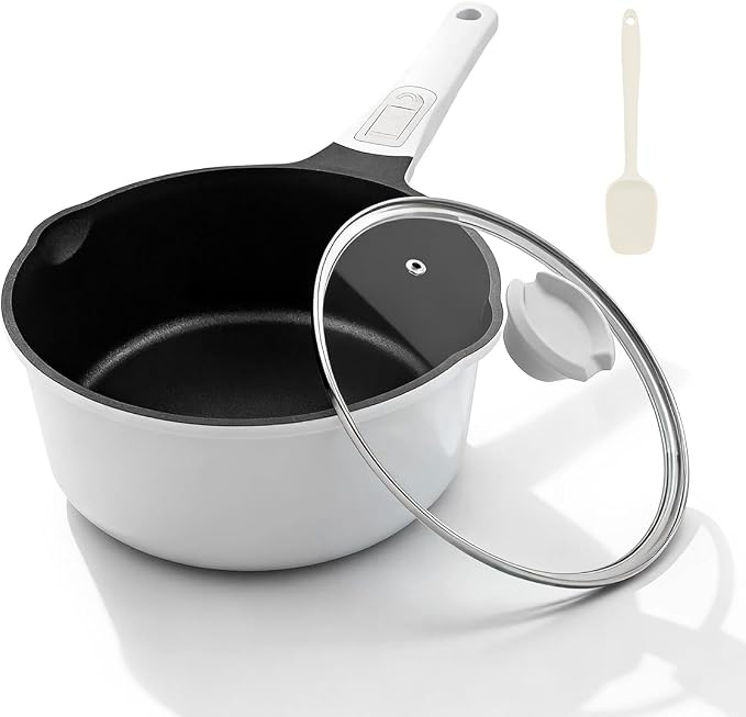 2 Qt Saucepan with Lid, Nonstick Sauce Pot with Pour Spout, White | Compatible for All Stoves Including Induction, Detachable Handle, Oven Safe, PFOA PFOS APEO Free