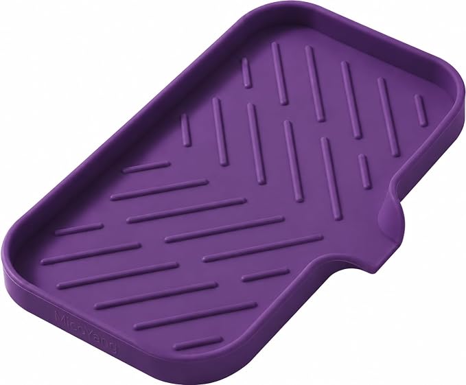 MicoYang Silicone Soap Dish with Drain Spout — Self-Draining Sink Organizer Tray for Bathroom & Kitchen, Sponges, Dispensers & Soap Holder, Non-Slip & Dishwasher Safe, Purple (Medium, 9.6"×5.3")