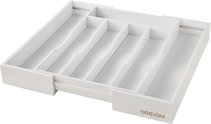 Expandable Bamboo Kitchen Drawer Organizer for Cutlery and Utensils, Adjustable Bamboo Wood Cutlery Tray in Drawer for Flatware and Silverware in Kitchen, (White)