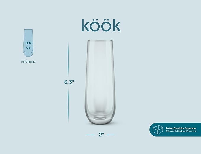 KooK Stemless Glass Champagne Flutes, Cocktail Cups for Rose, 9.4 oz (Classic Set of 4) Prosecco, Mimosa, Great for Weddings and Parties, Dishwasher Safe