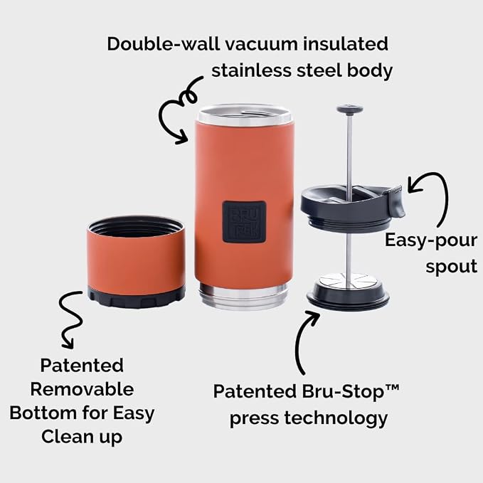BruTrek | OVRLNDR Travel French Press | 24 fl.oz Drinkable Lid | Red Rock | Drinkable Capacity, Vacuum Insulated, Easy To Clean Removable Bottom, No Spill Lid, On The Go Coffee Brewing (Red Rock)