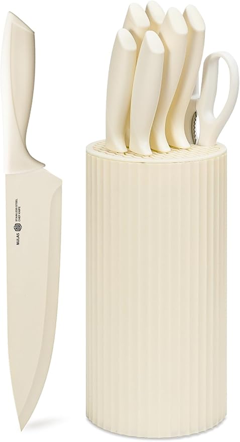 Knife Set, 8-Piece Kitchen Knife Set with Universal Block - Anti-Rust Chef Knives, Ergonomic Design, Dishwasher Safe (Cream)