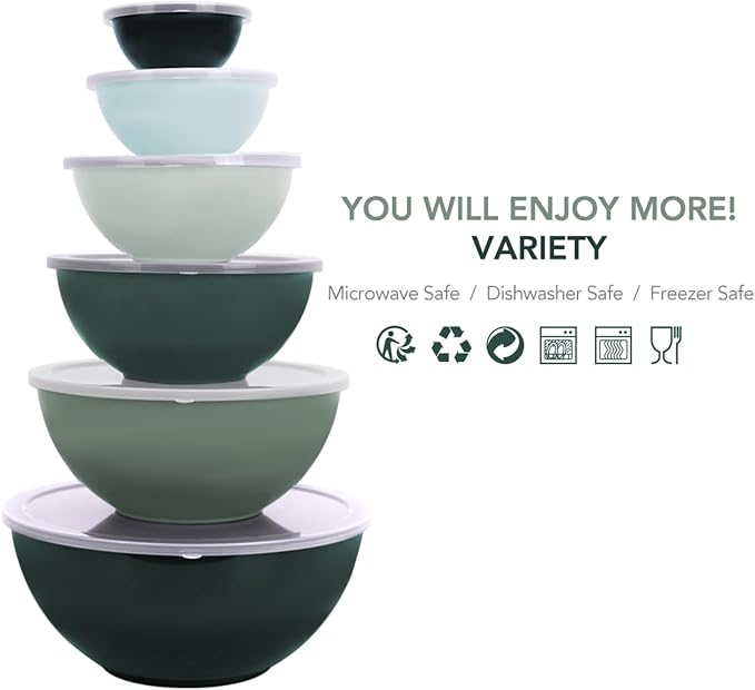 BoxedHome BPA Free Plastic Round Mixing Bowl with Lids, 12 Pack Nesting Bowls with Lids Set, Microwave and Dishwasher Safe Prep & Serving Bowls Great for Mixing, Baking, Serving (Green, 12pcs)