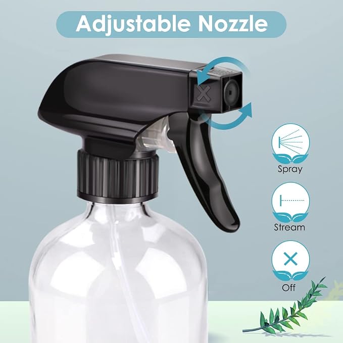 Bontip Glass Spray Bottle 16 oz for Cleaning, Plants (2 Pack, Transparent) | Refillable clear spray bottle Set, BPA-free eco glass, With labels and funnel, Great for cleaners, plant misting, hair care