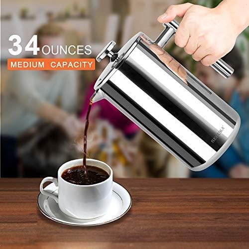 Secura Bundle Stainless Steel French Press Coffee Maker with 6 Replacement Screens, 34 Ounces, Silver