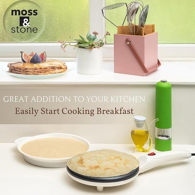 Moss & Stone White Electric Crepe Maker, 8" Portable Nonstick Crepe Pan | Nonstick dipping plate, auto shut-off, on/off switch, even heating, automatic temperature control, compact design