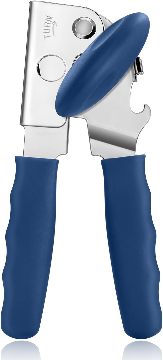 UHIYEE Heavy Duty Hand Can Opener with Comfortable Grip for Seniors, Blue | Manual Can Opener, Hardened Steel Blade, Rubber-Coated Handle, Oversize Knob, Built-in Magnet & Bottle Opener