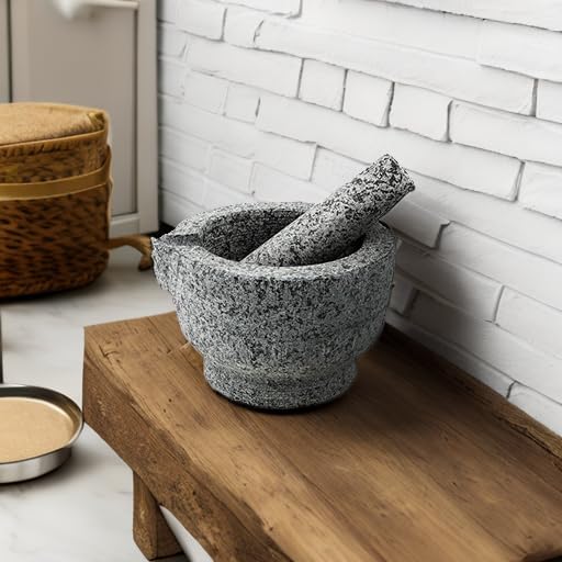 Granite Mortar and Pestle Set – Guacamole Bowl Traditional Molcajete, Large 15Fl Oz 2 Cup Capacity, Natural Stone Grinder with Pouring Spout + Bonus Recipe Ebook, Anti Slip Pad, Organic Cleaning Brush