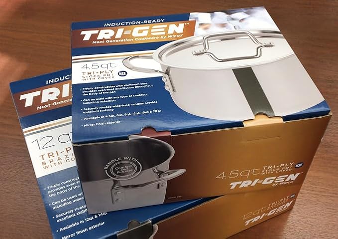 WINCO Tri-Ply Stock Pot, Silver | Dishwasher safe, Triple-riveted handles, Dripless pouring, Great for Stocks, Soups, Pasta and Batch Cooking