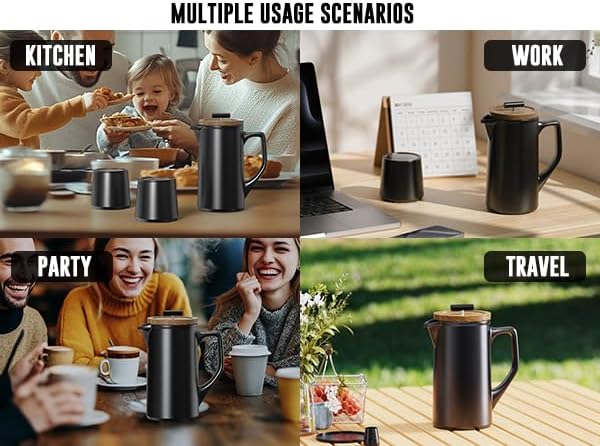 Ceramic French Press 22oz, Walnut Wood Lid, Black | Lead-Free, Dual Food Grade Stainless Steel Filters, Grit-Free, For Coffee and Loose Tea, Heat Retention, High-Fired Ceramic