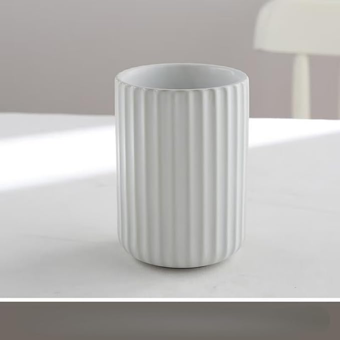 TOPYOKK Stoneware Coffee Bar Utensil Holder Tea & Coffee Spoon & Stirrer Holder for Stir Stick Straw Teaspoon Holder Espresso Spoon Cup Small Utensil Jar Fluted Vertical Stripe (Matte White)