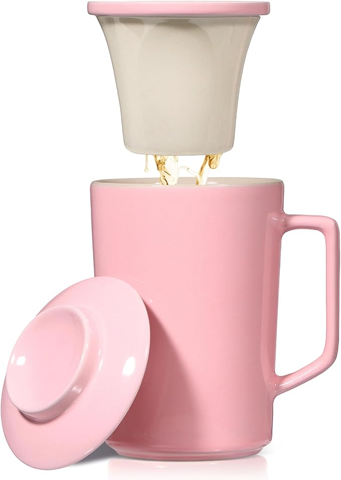 15 OZ Porcelain Tea Infuser Cup with Lid,Ceramic Tea Mug with All-Porcelain Strainer for Loose Leaf Teas,Microwave and Dishwasher Safe Tea Mug,Metal-Free,BPA-Free for Tea-Lover/Birthday Day(Pink)