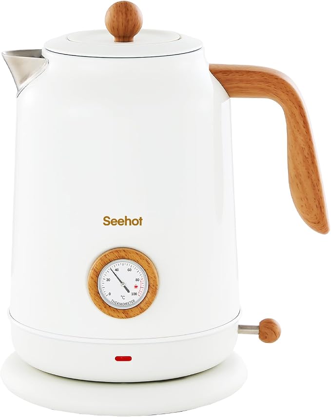 Seehot® Electric Kettle With Thermometer, 1.7L 1200W, White | Auto shutoff, boil-dry protection,water-contact stainless steel, cordless base for coffee and tea